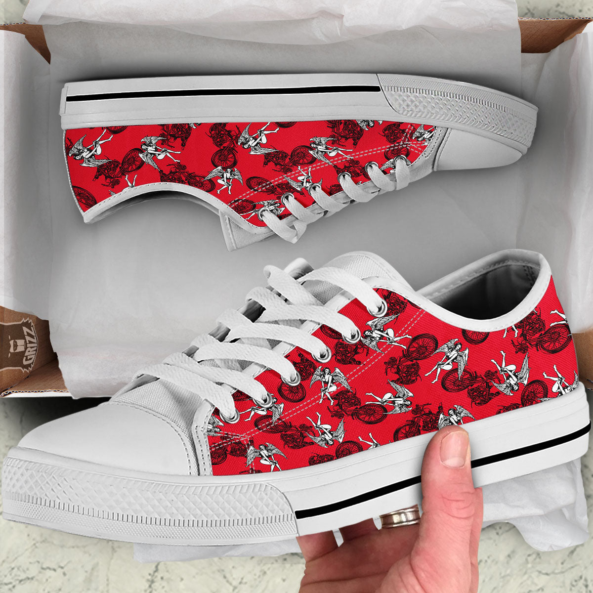 Angel And Motorcycle Print Pattern White Low Top Shoes-grizzshop
