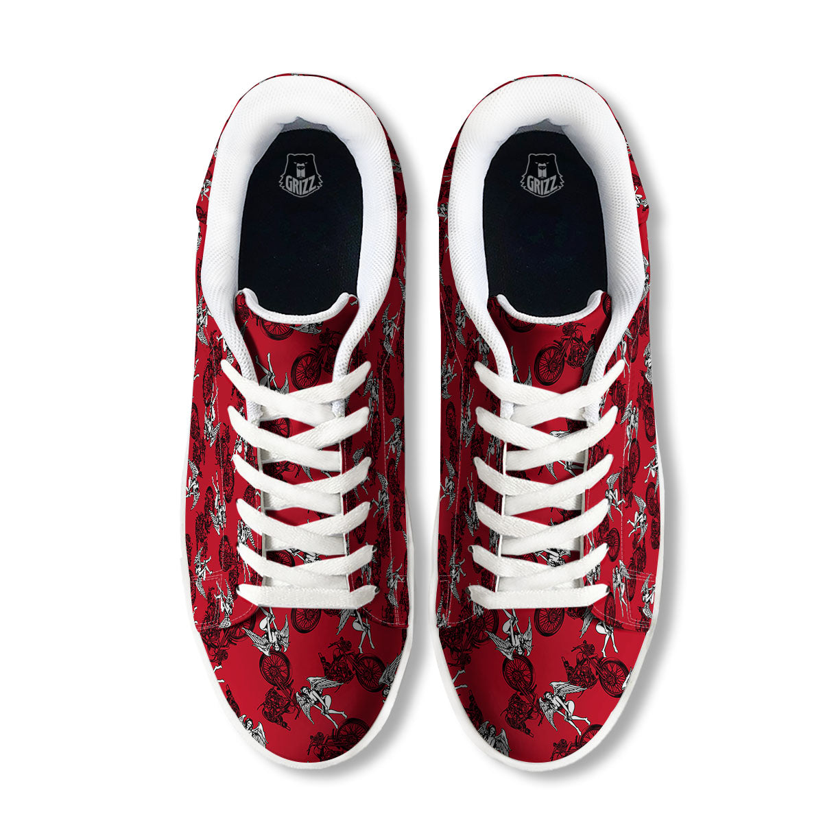 Angel And Motorcycle Print Pattern White Low Top Sneakers-grizzshop