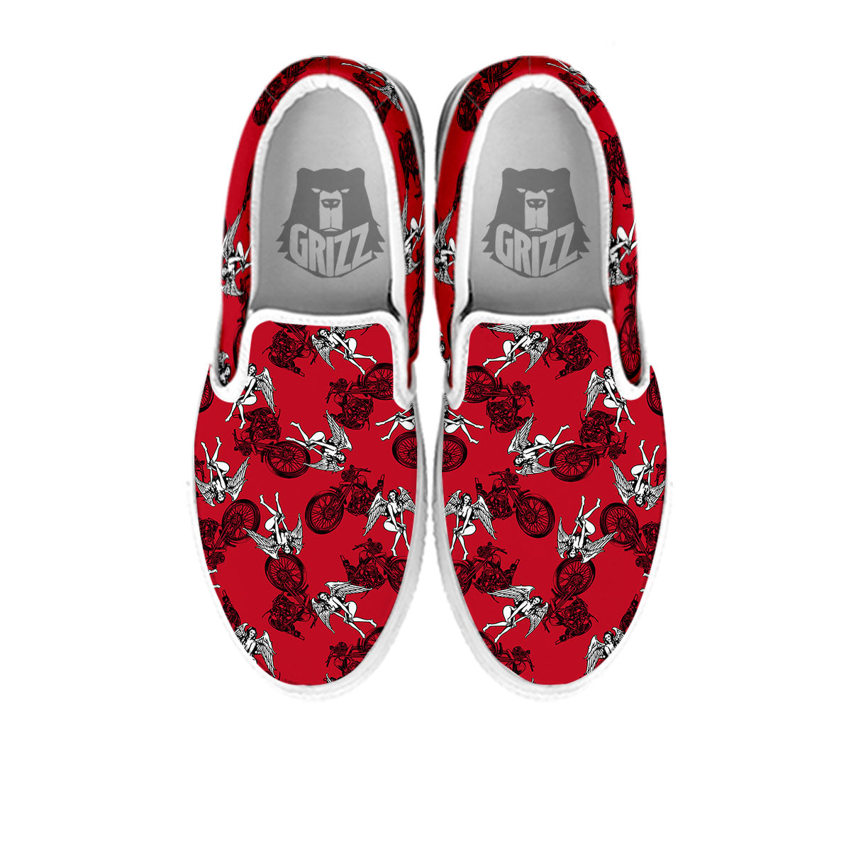 Angel And Motorcycle Print Pattern White Slip On Shoes-grizzshop