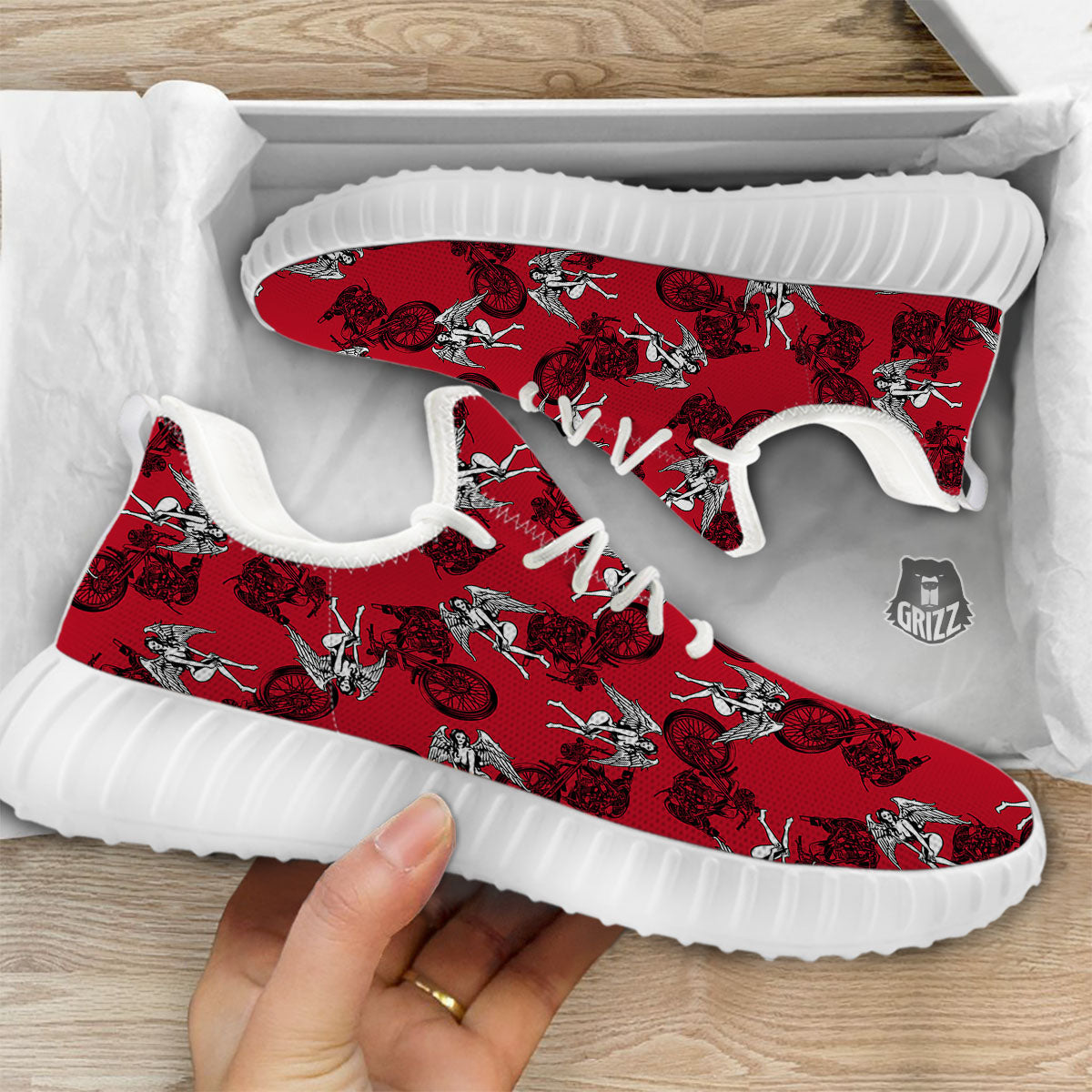 Angel And Motorcycle Print Pattern White Walking Shoes-grizzshop