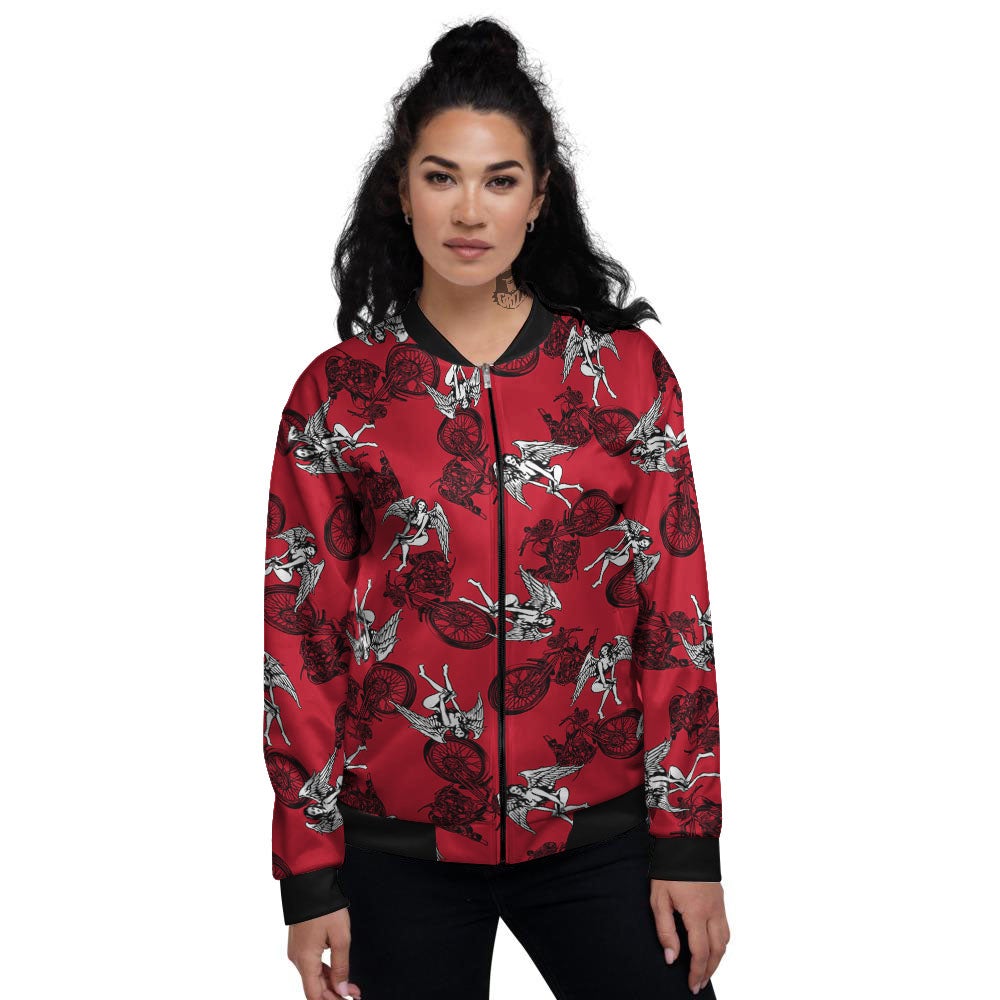 Angel And Motorcycle Print Pattern Women's Bomber Jacket-grizzshop