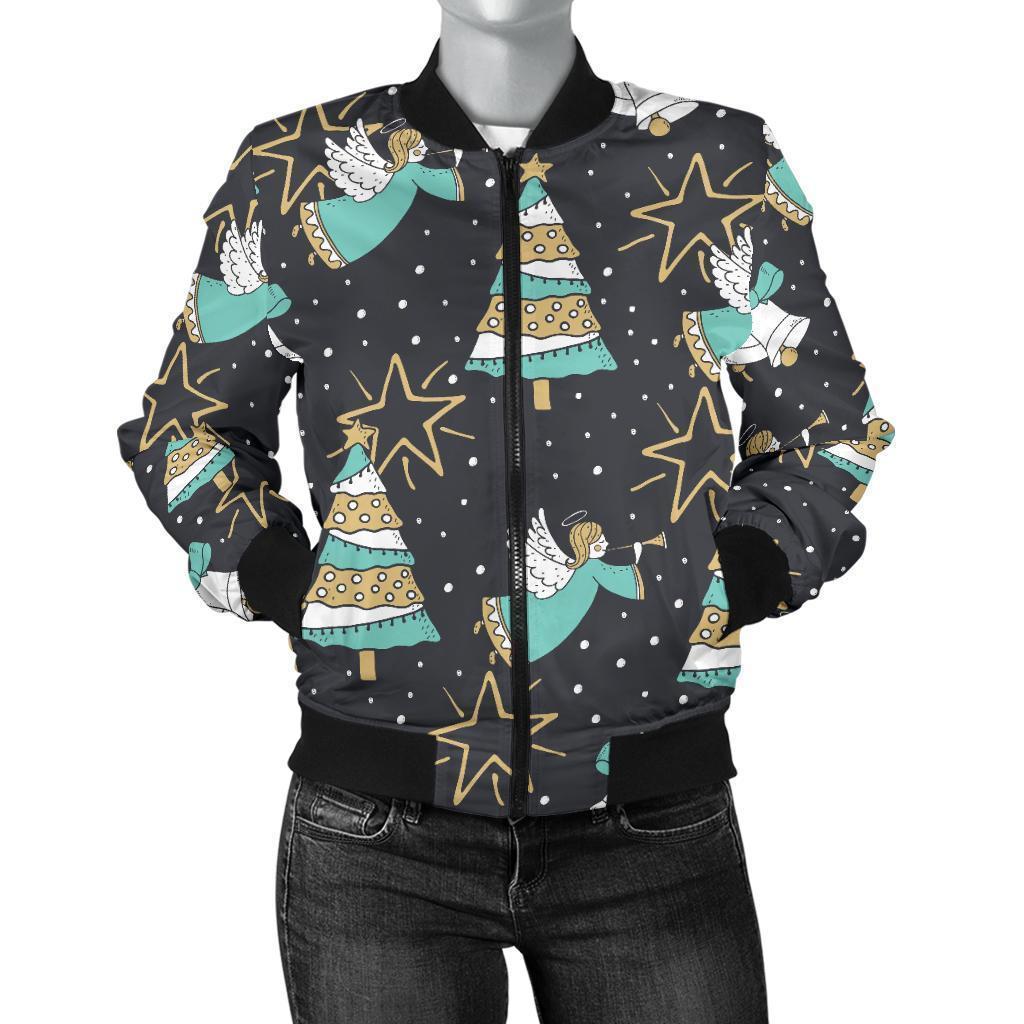 Angel Christmas Print Pattern Women Casual Bomber Jacket-grizzshop