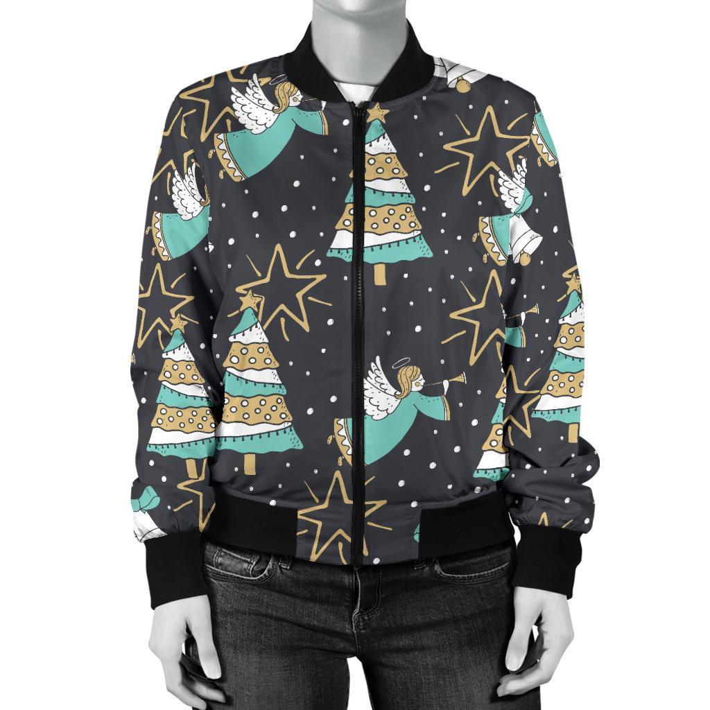 Angel Christmas Print Pattern Women Casual Bomber Jacket-grizzshop