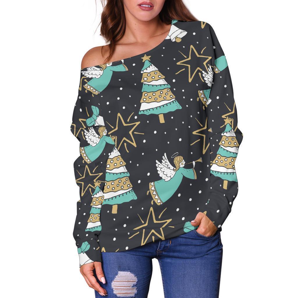 Angel Christmas Print Pattern Women Off Shoulder Sweatshirt-grizzshop