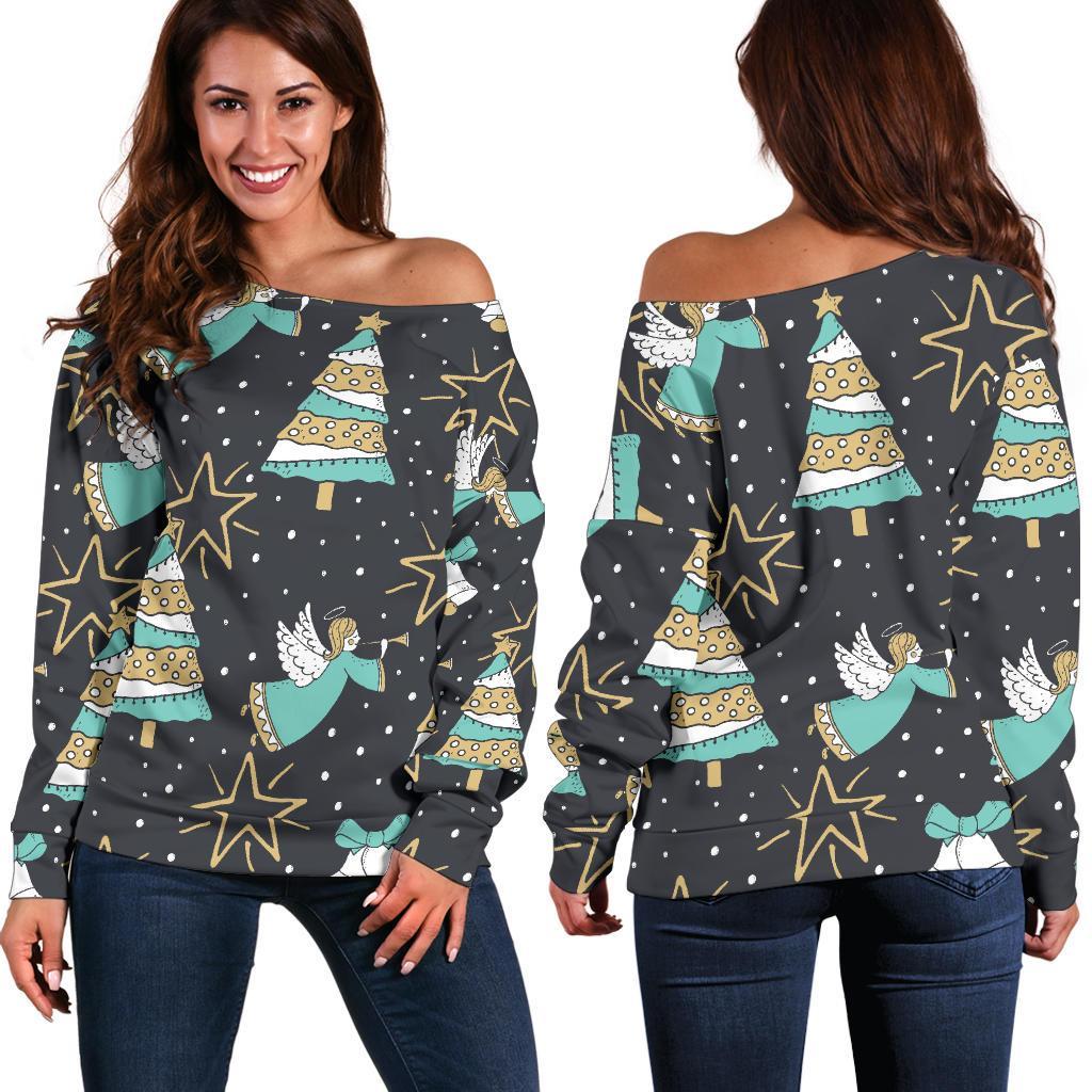 Angel Christmas Print Pattern Women Off Shoulder Sweatshirt-grizzshop