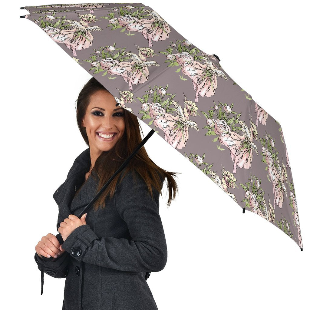 Angel Floral Print Pattern Automatic Foldable Umbrella-grizzshop
