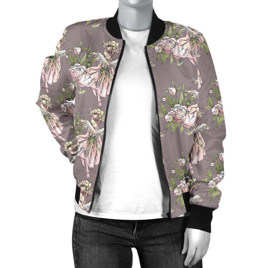 Angel Floral Print Pattern Women Casual Bomber Jacket-grizzshop