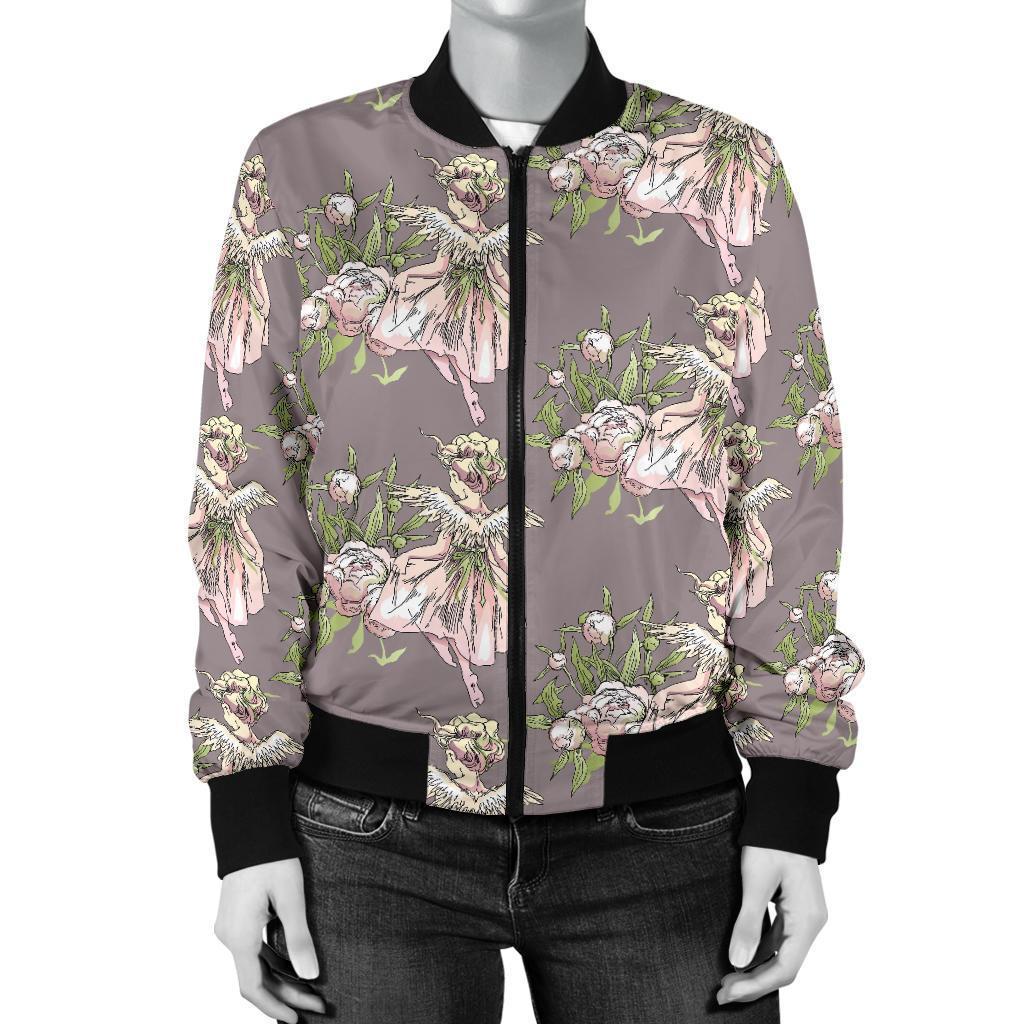 Angel Floral Print Pattern Women Casual Bomber Jacket-grizzshop