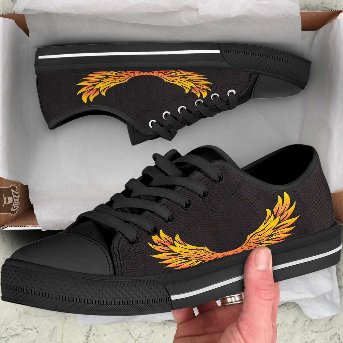 Angel Phoenix Print Black Low Top Shoes-grizzshop
