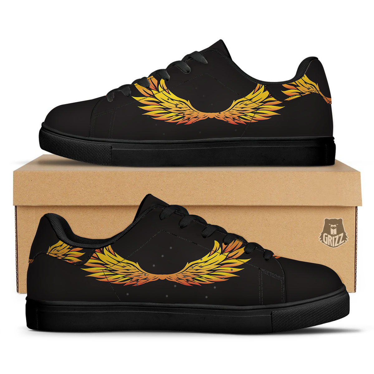 Angel Phoenix Print Black Low Top Sneakers-grizzshop