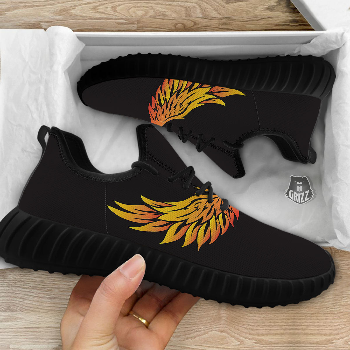 Angel Phoenix Print Black Walking Shoes-grizzshop