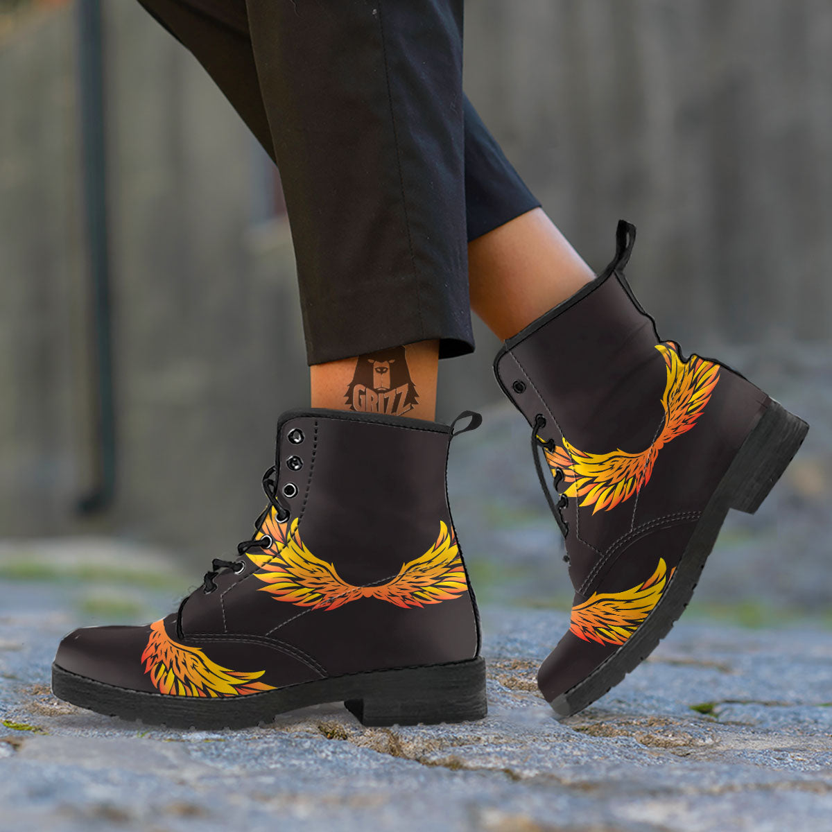 Angel Phoenix Print Leather Boots-grizzshop