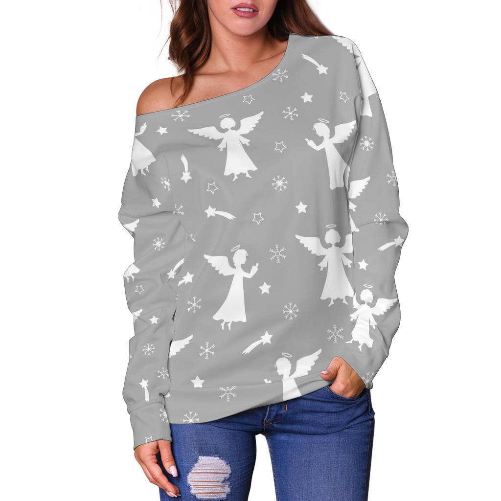 Angel Print Pattern Women Off Shoulder Sweatshirt-grizzshop