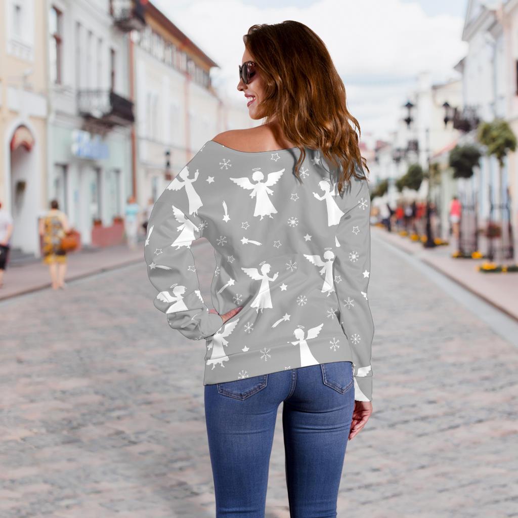 Angel Print Pattern Women Off Shoulder Sweatshirt-grizzshop