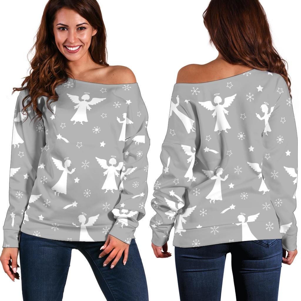 Angel Print Pattern Women Off Shoulder Sweatshirt-grizzshop