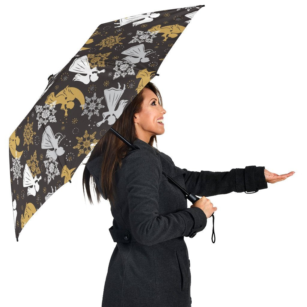 Angel Snowflake Print Pattern Automatic Foldable Umbrella-grizzshop