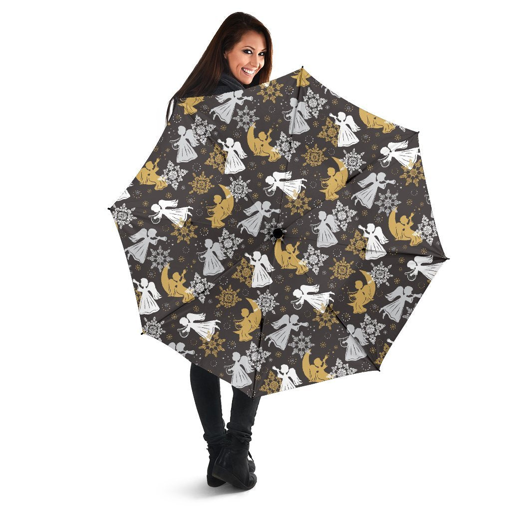 Angel Snowflake Print Pattern Automatic Foldable Umbrella-grizzshop