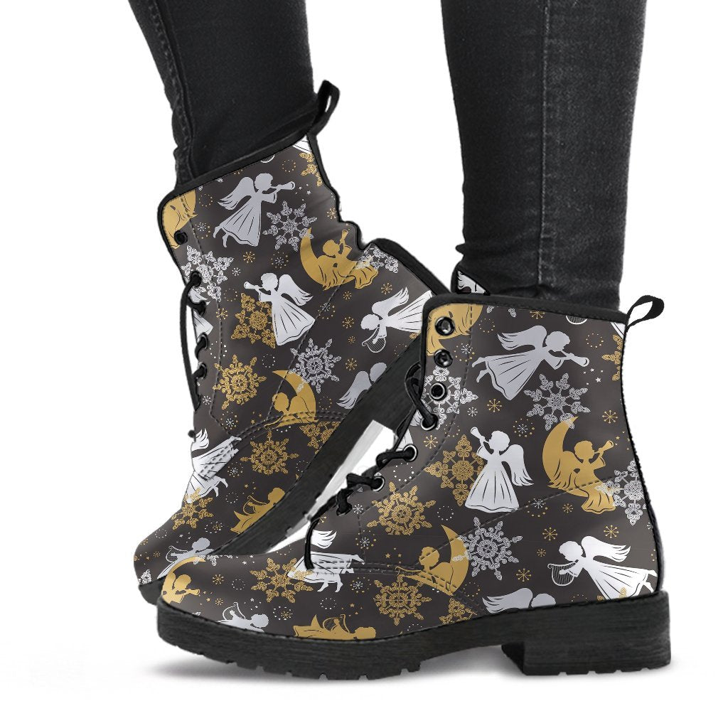 Angel Snowflake Print Pattern Men Women Leather Boots-grizzshop