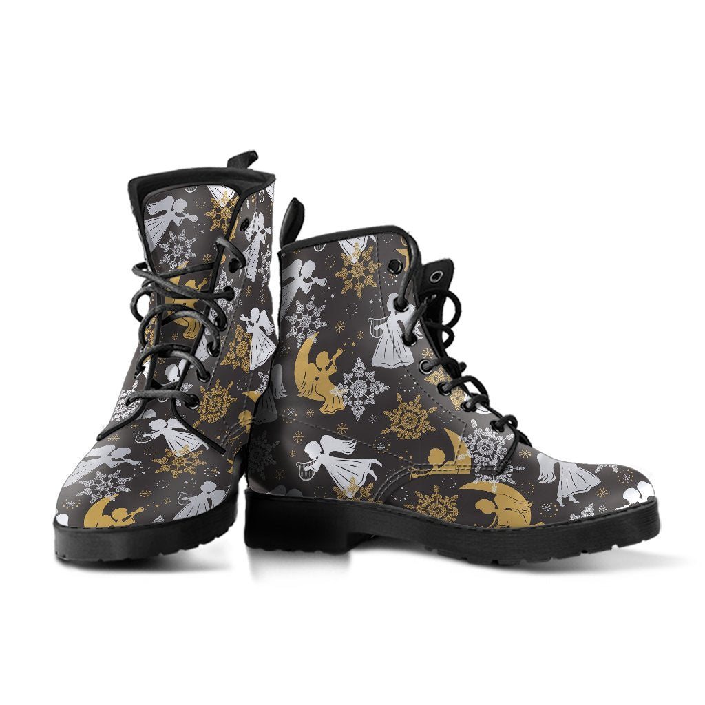 Angel Snowflake Print Pattern Men Women Leather Boots-grizzshop