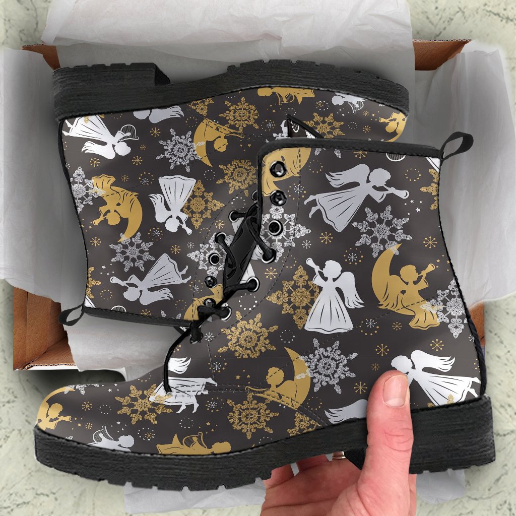 Angel Snowflake Print Pattern Men Women Leather Boots-grizzshop