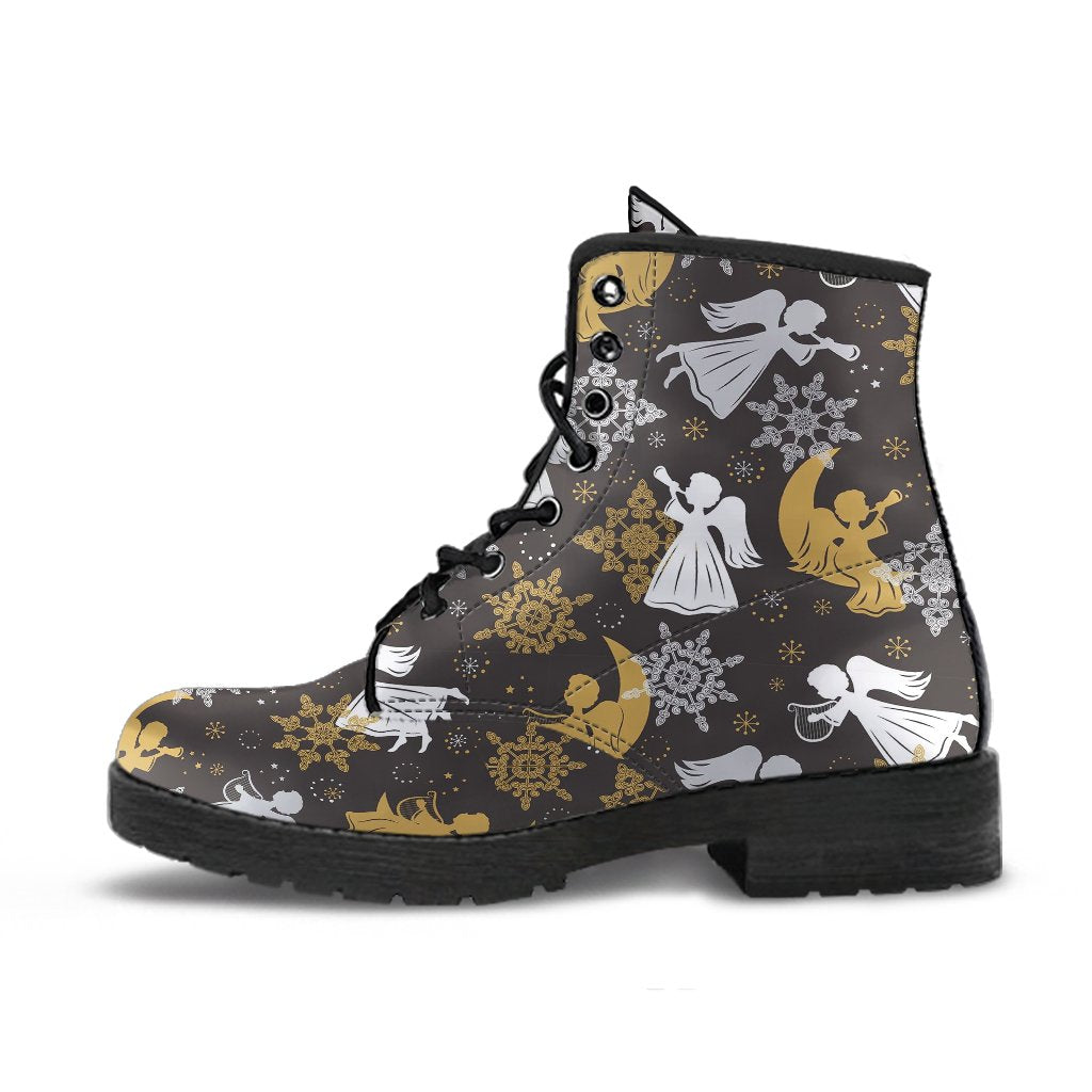 Angel Snowflake Print Pattern Men Women Leather Boots-grizzshop