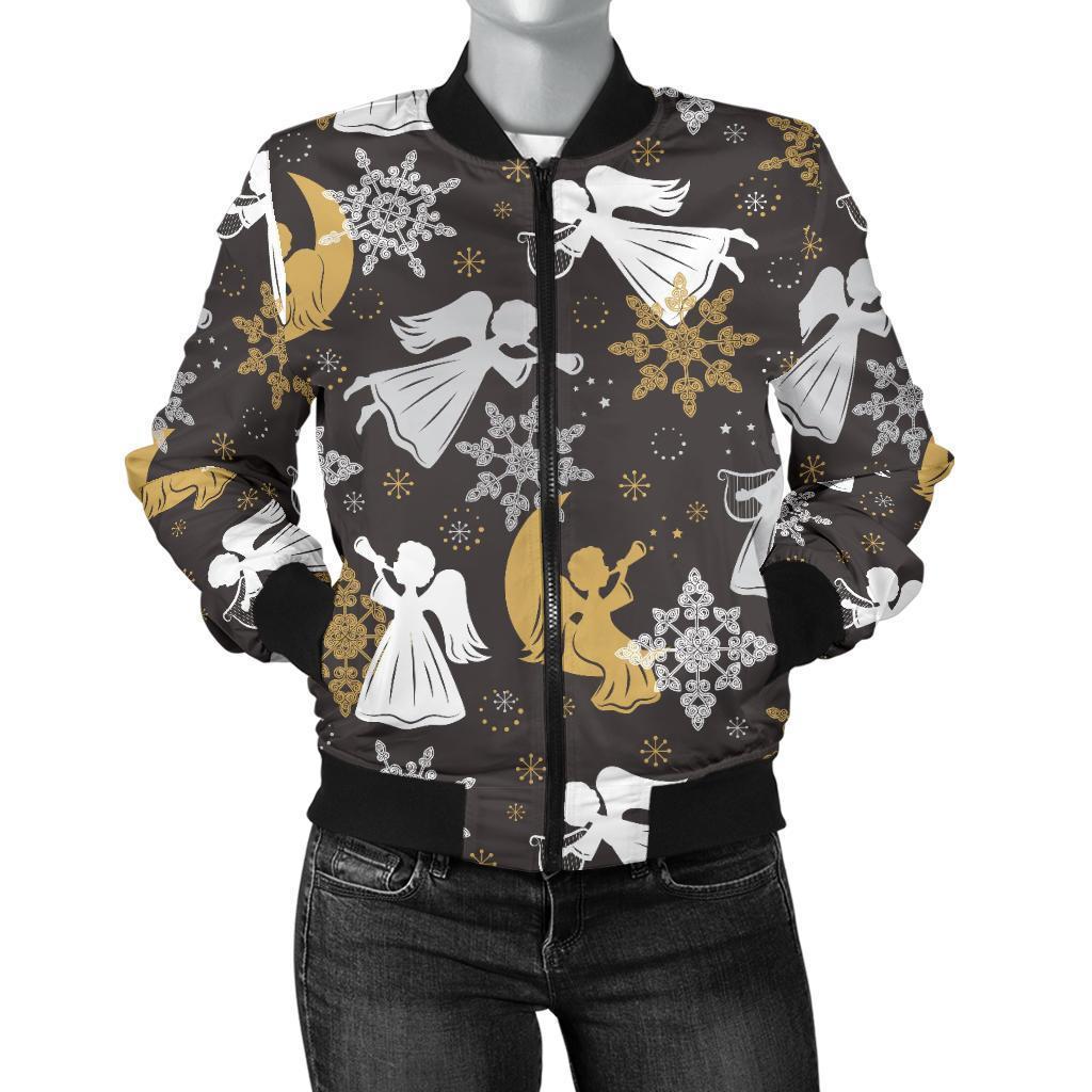 Angel Snowflake Print Pattern Women Casual Bomber Jacket-grizzshop