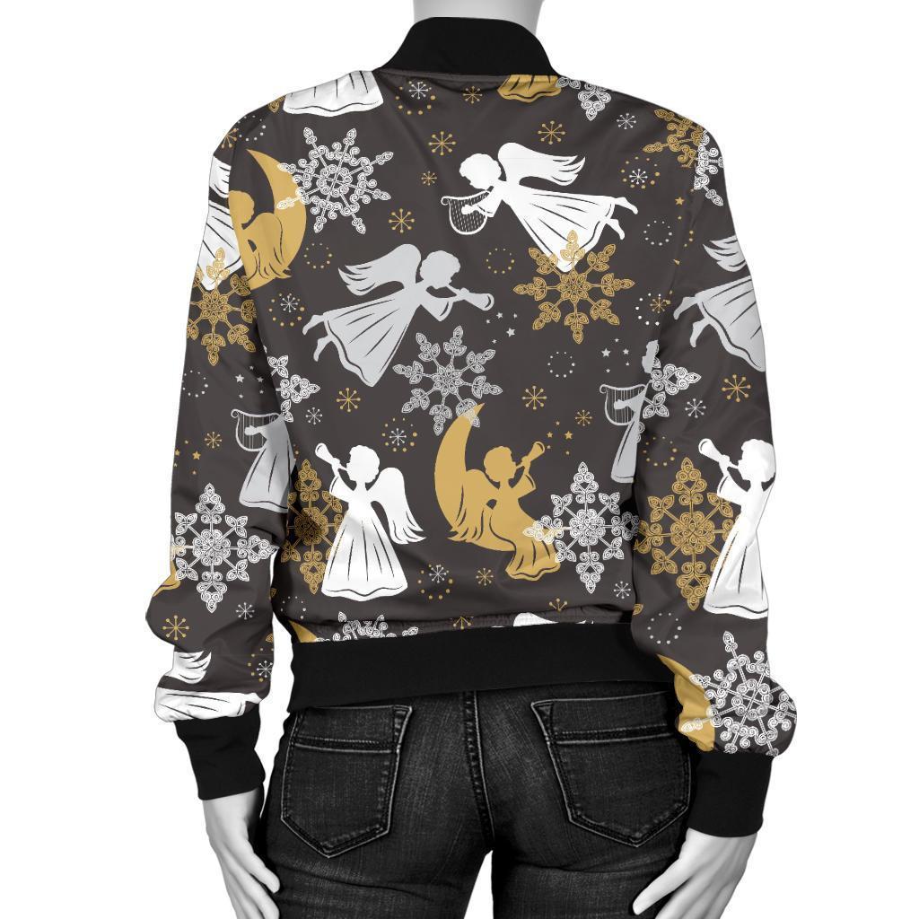 Angel Snowflake Print Pattern Women Casual Bomber Jacket-grizzshop