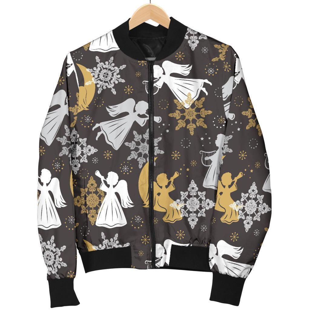 Angel Snowflake Print Pattern Women Casual Bomber Jacket-grizzshop