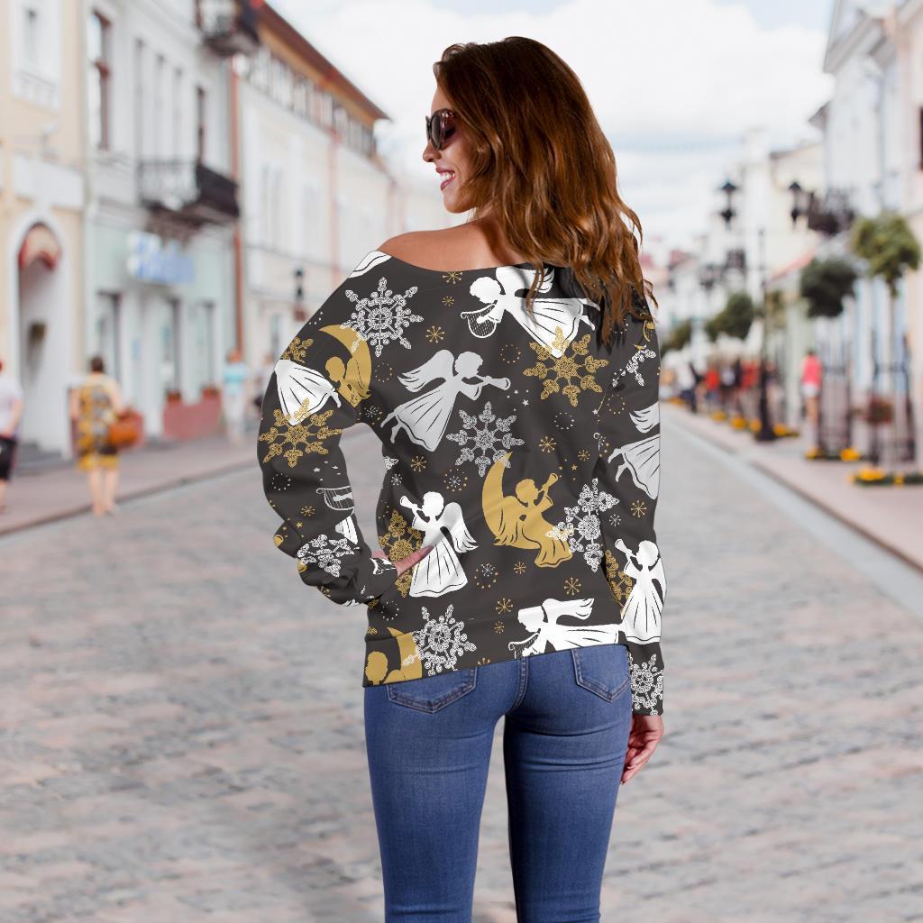 Angel Snowflake Print Pattern Women Off Shoulder Sweatshirt-grizzshop