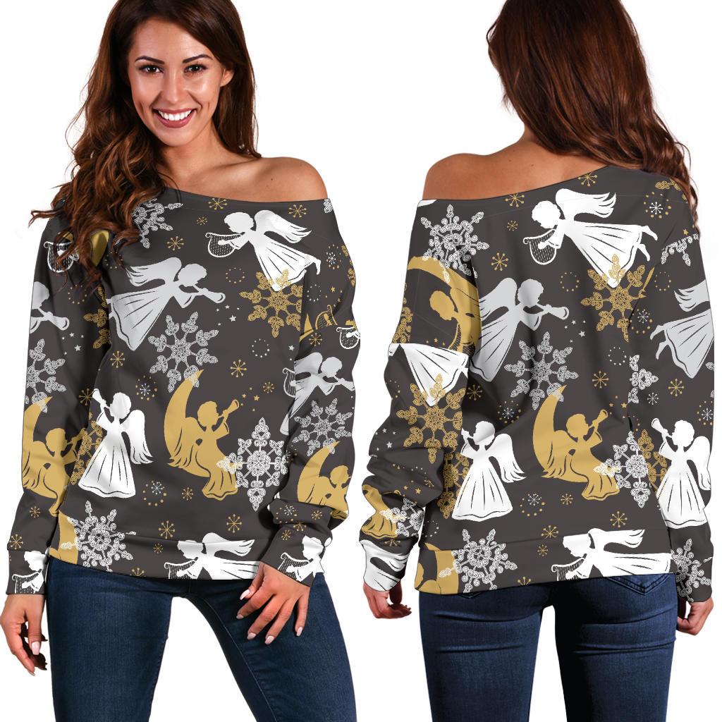 Angel Snowflake Print Pattern Women Off Shoulder Sweatshirt-grizzshop