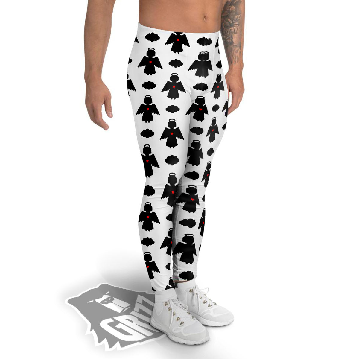 Angel White And Black Print Pattern Men's Leggings-grizzshop