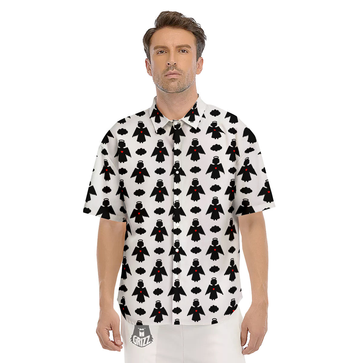 Angel White And Black Print Pattern Men's Short Sleeve Shirts-grizzshop