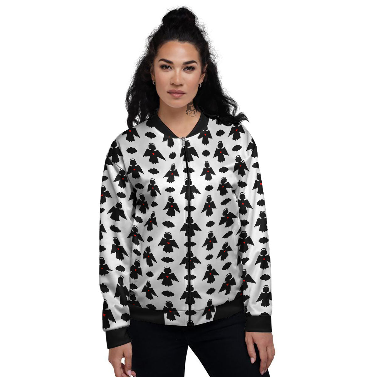 Angel White And Black Print Pattern Women's Bomber Jacket-grizzshop