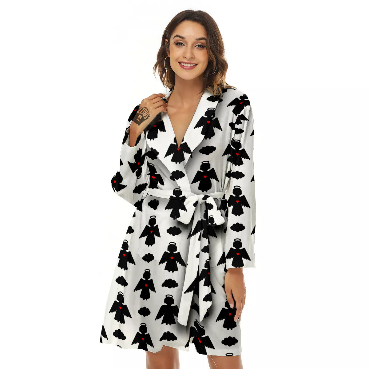 Angel White And Black Print Pattern Women's Robe-grizzshop