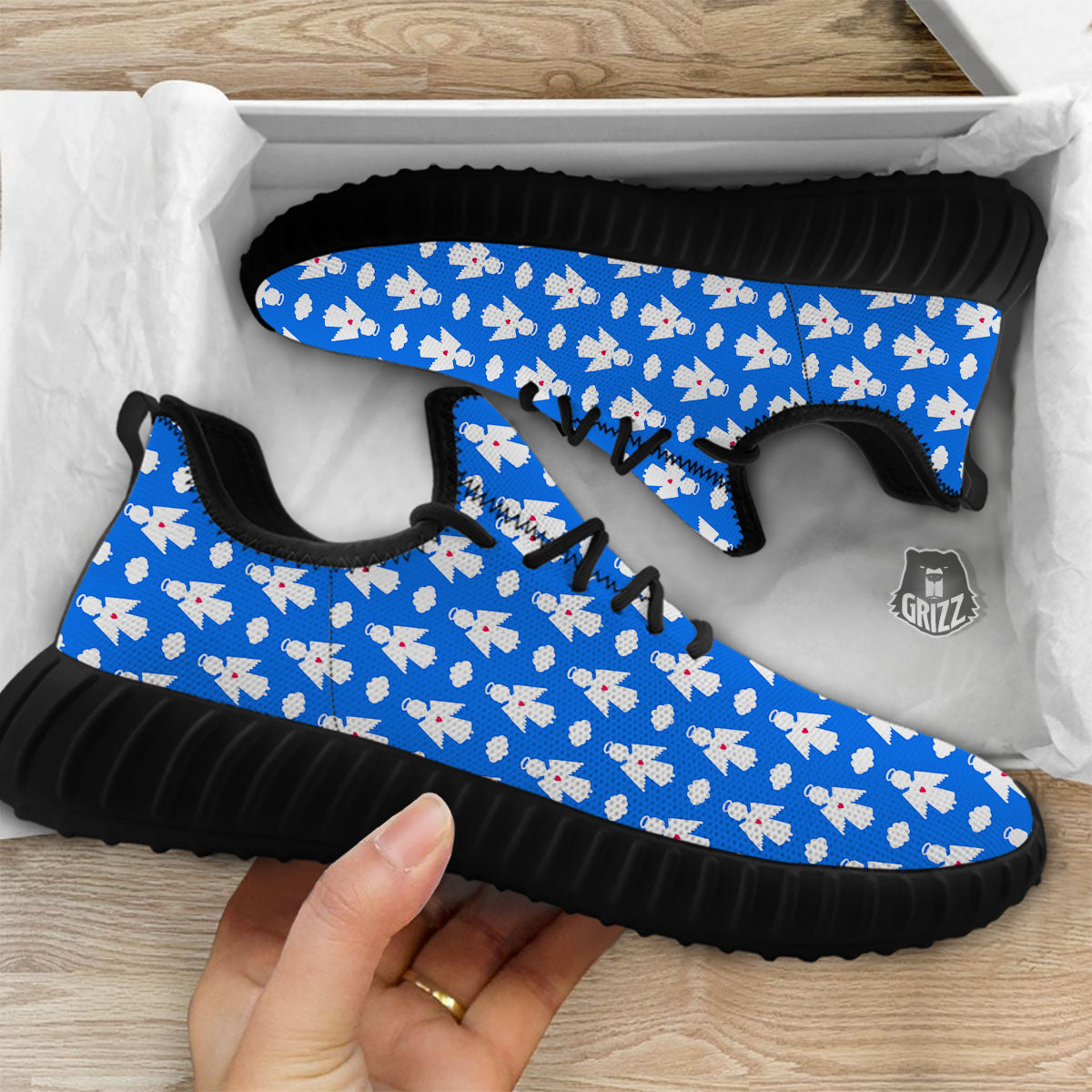 Angel White And Blue Print Pattern Black Walking Shoes-grizzshop