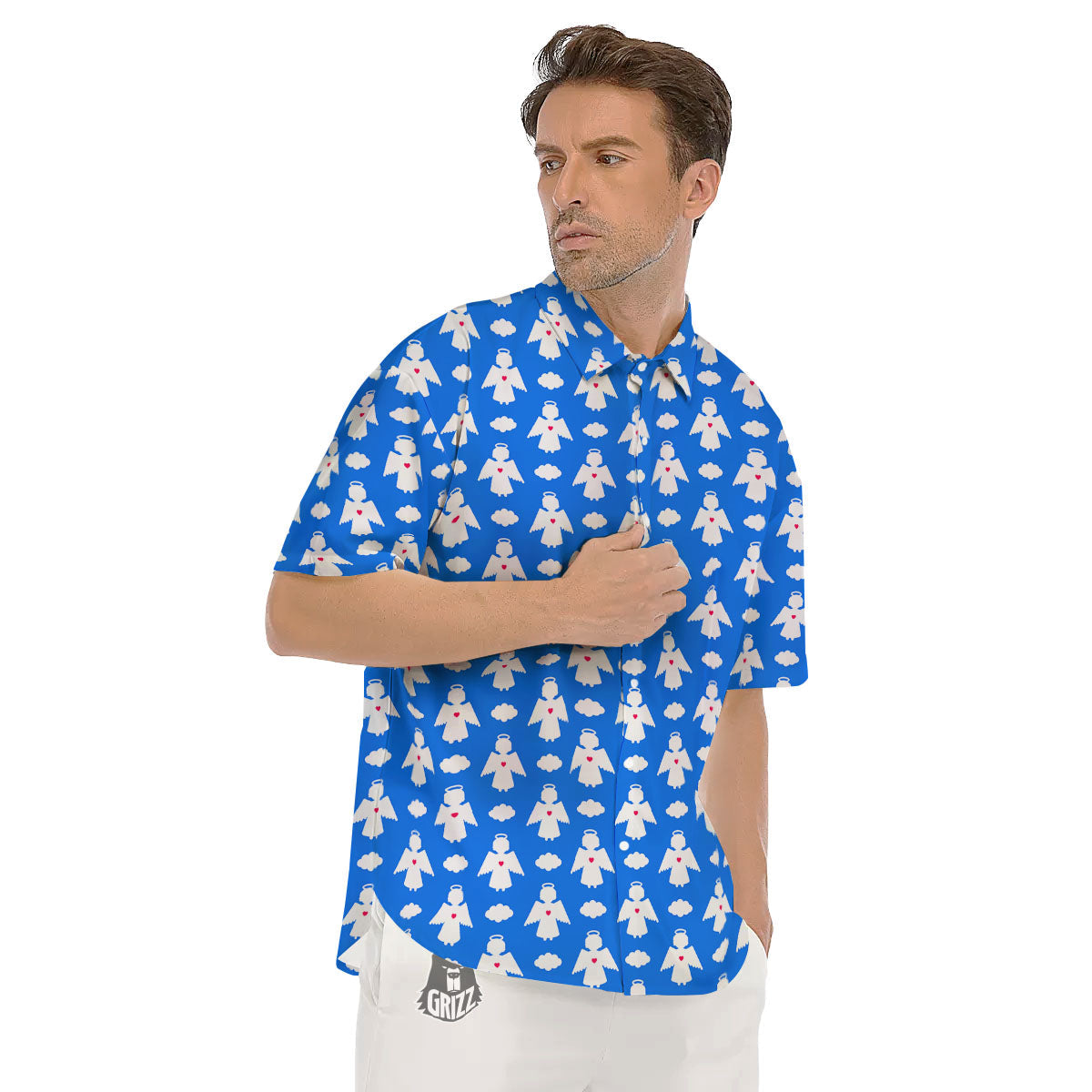 Angel White And Blue Print Pattern Men's Short Sleeve Shirts-grizzshop