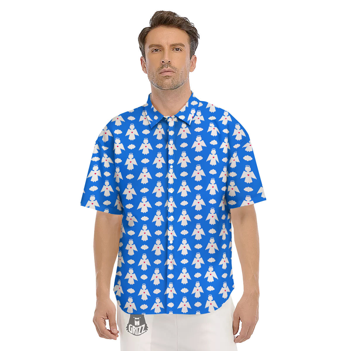 Angel White And Blue Print Pattern Men's Short Sleeve Shirts-grizzshop