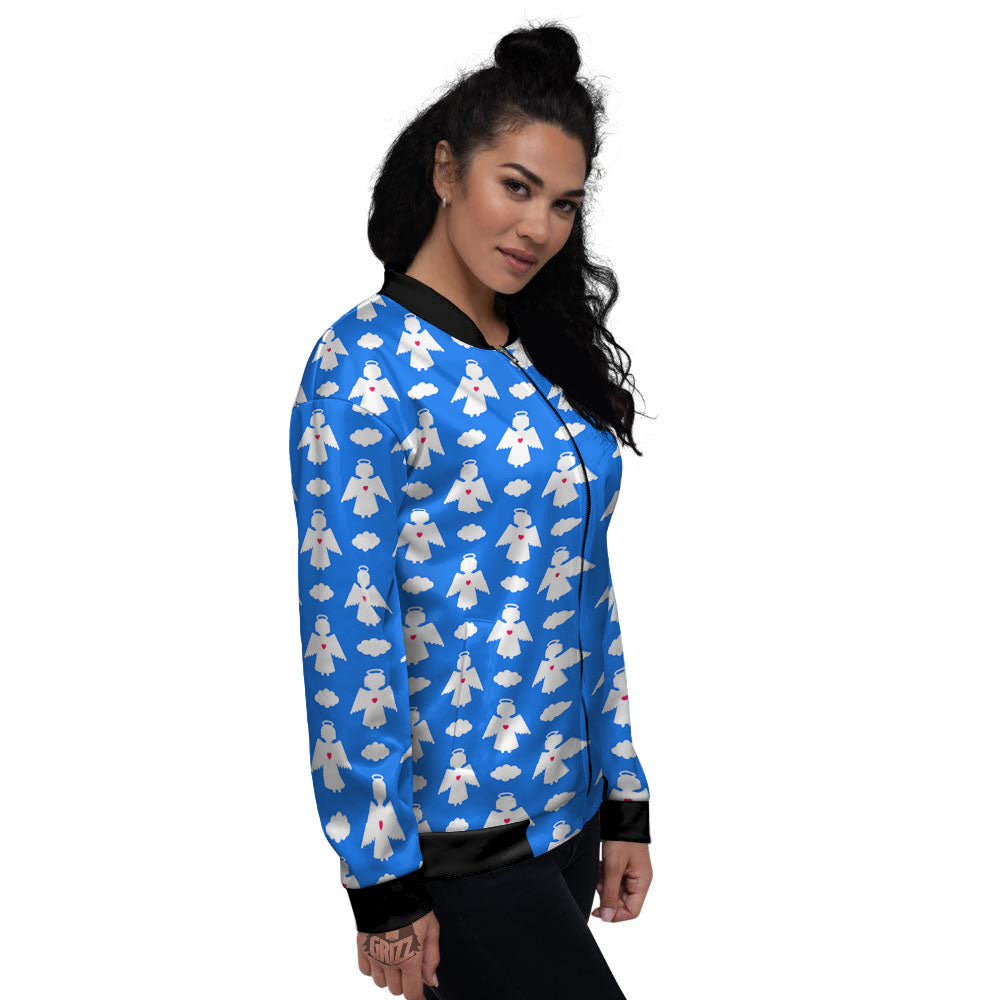 Angel White And Blue Print Pattern Women's Bomber Jacket-grizzshop