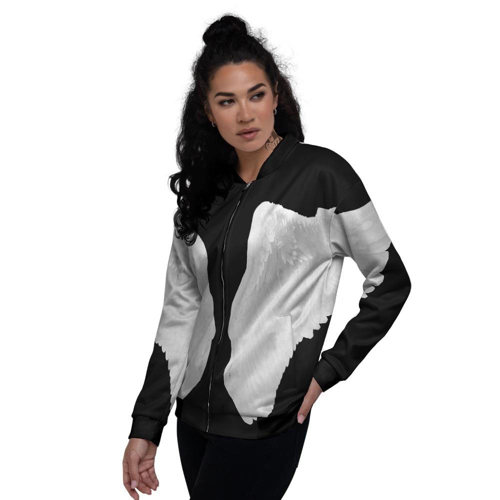 Angel Wings White Print Women's Bomber Jacket-grizzshop