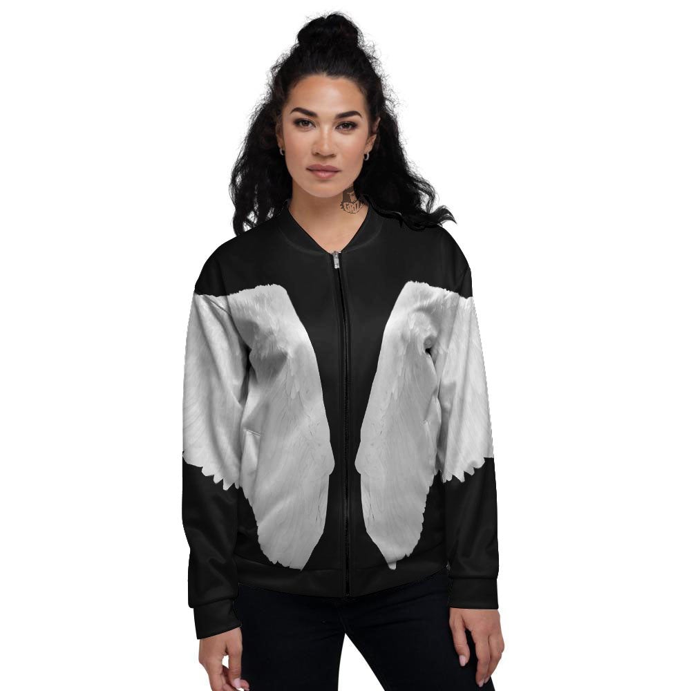 Angel Wings White Print Women's Bomber Jacket-grizzshop