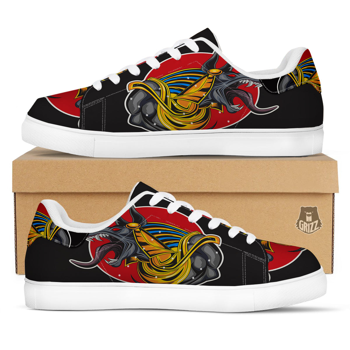 Angry Anubis Print White Low Top Sneakers-grizzshop