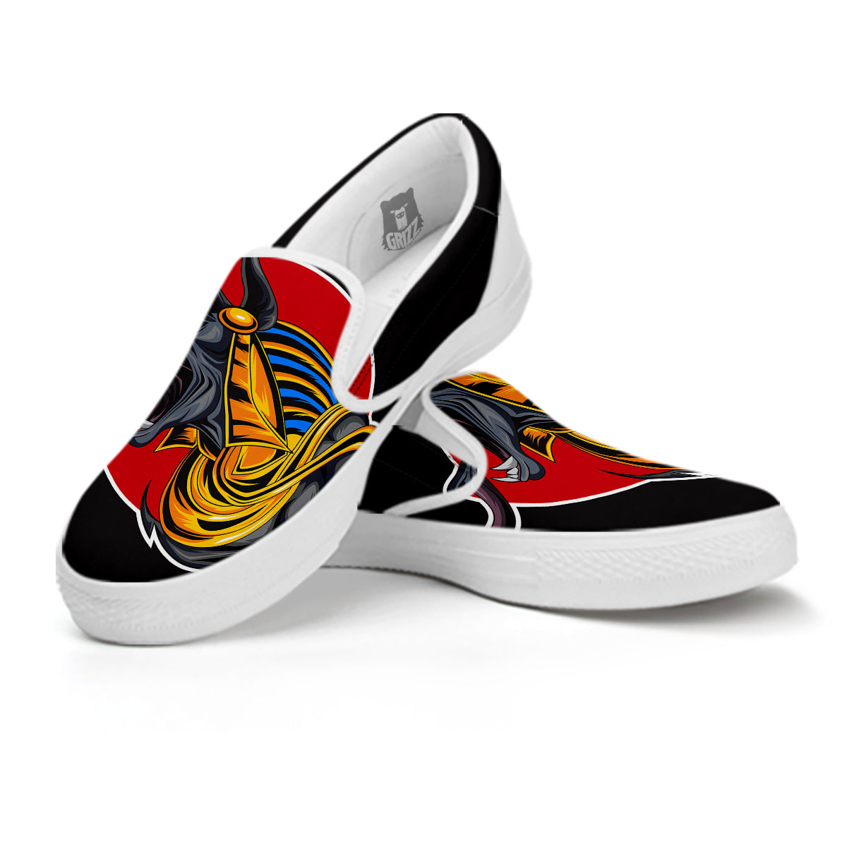 Angry Anubis Print White Slip On Shoes-grizzshop