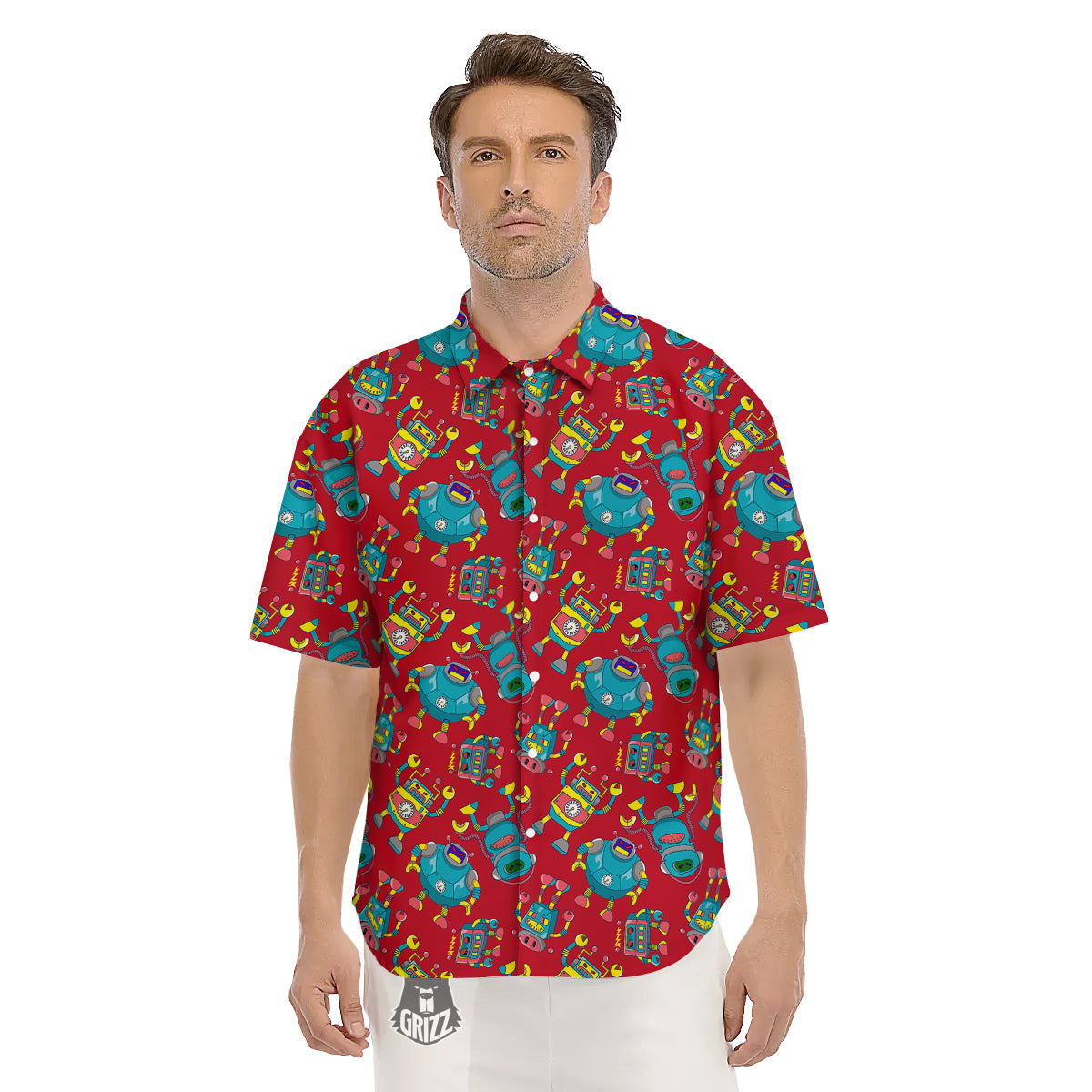 Angry Robot Print Pattern Men's Short Sleeve Shirts-grizzshop