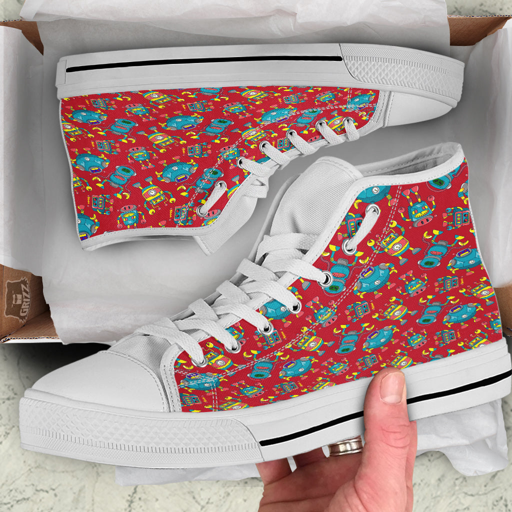 Angry Robot Print Pattern White High Top Shoes-grizzshop