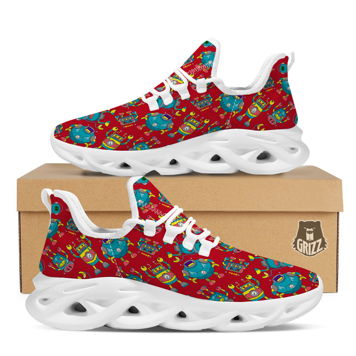 Angry Robot Print Pattern White Running Shoes-grizzshop
