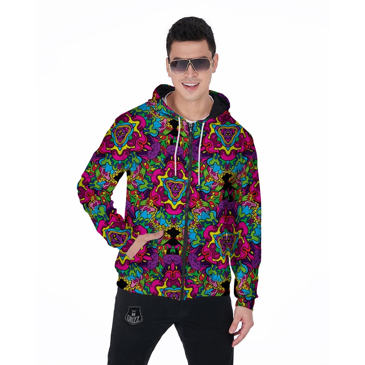 Animal Hippie Psychedelic Men's Zip Up Hoodie-grizzshop