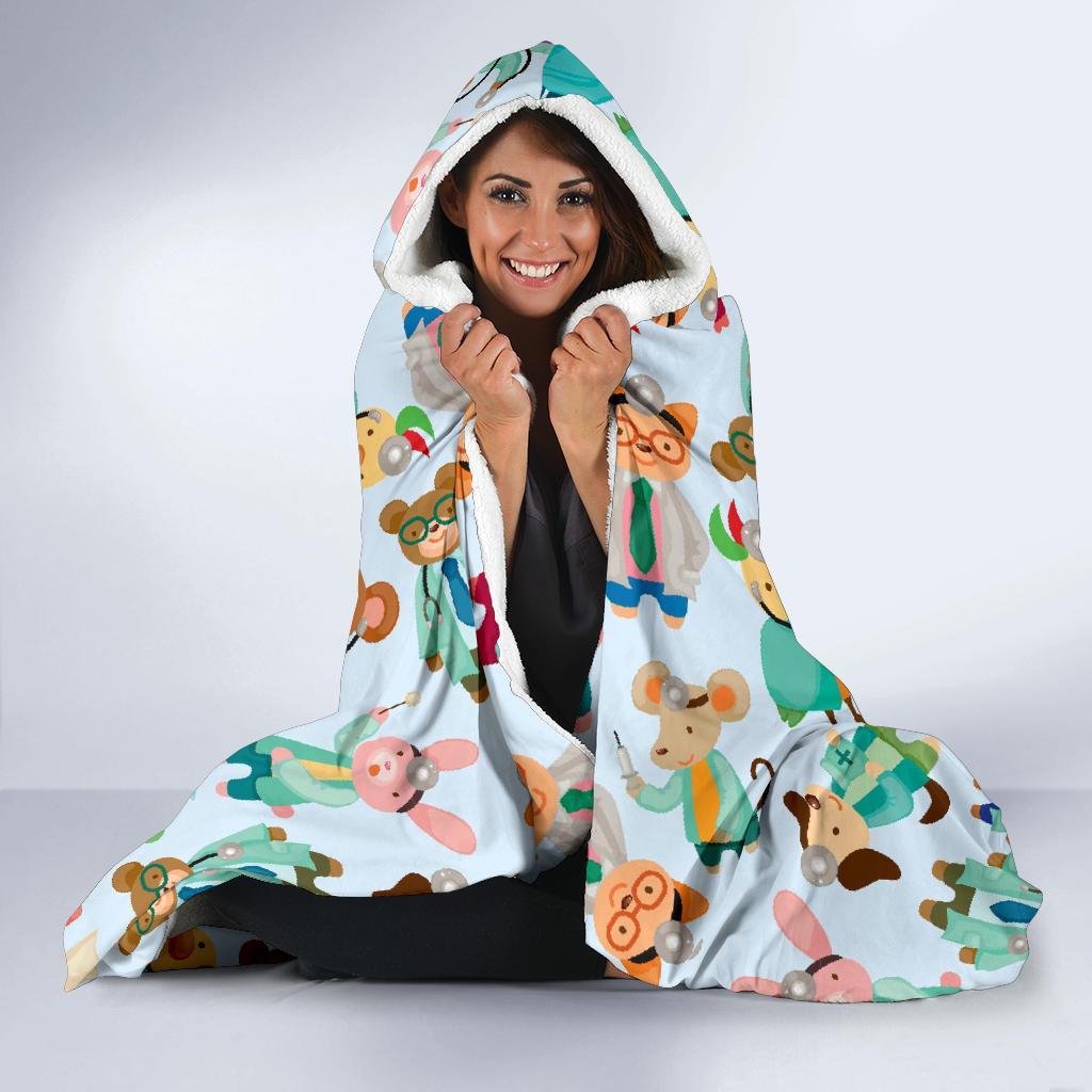 Animal Nurse Pattern Print Hooded Blanket-grizzshop