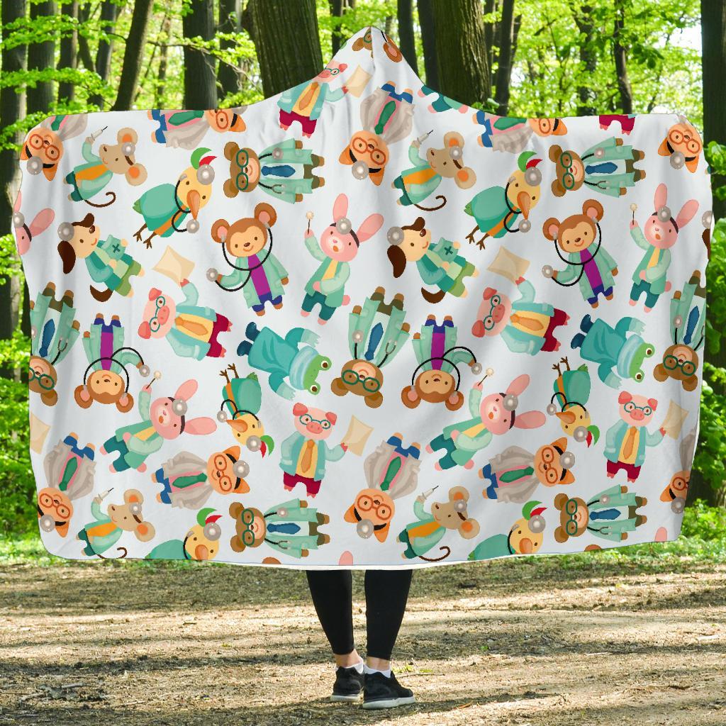 Animal Nurse Pattern Print Hooded Blanket-grizzshop