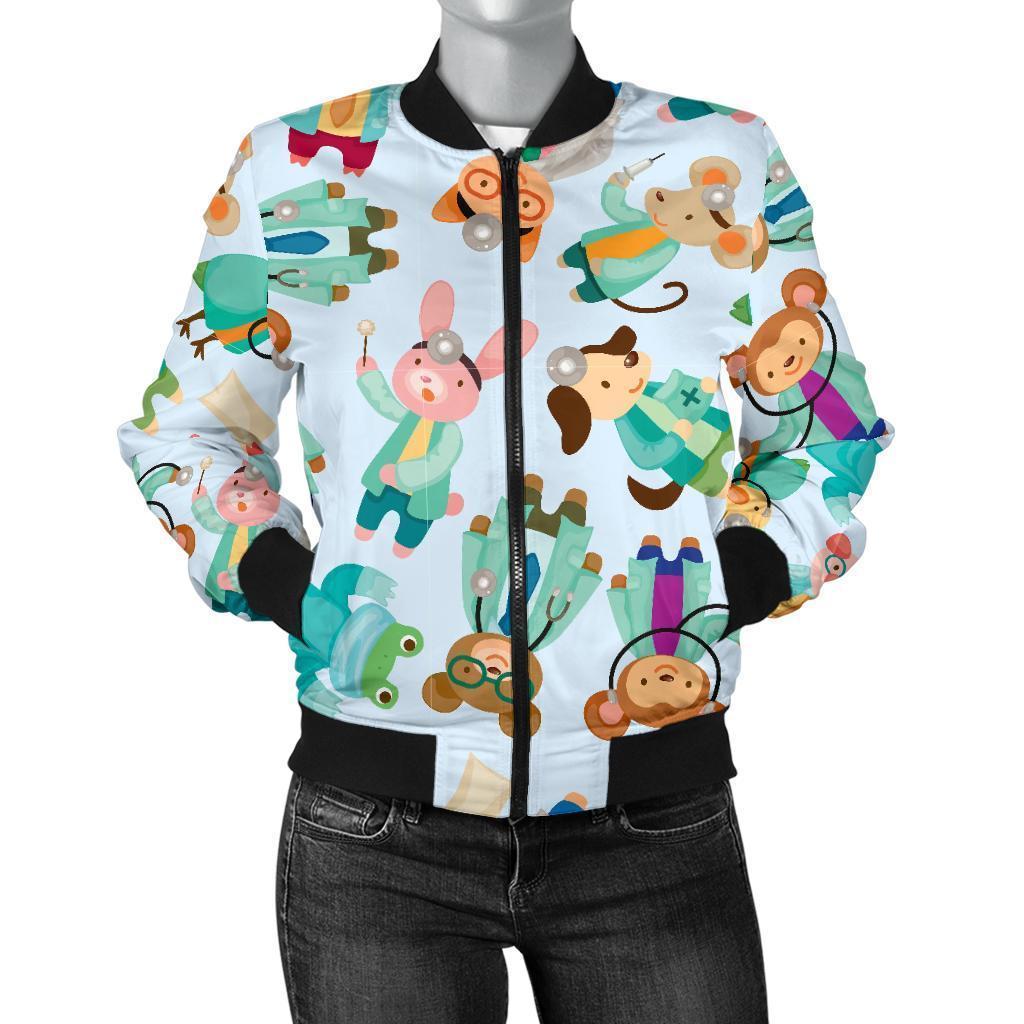 Animal Nurse Pattern Print Women Casual Bomber Jacket-grizzshop