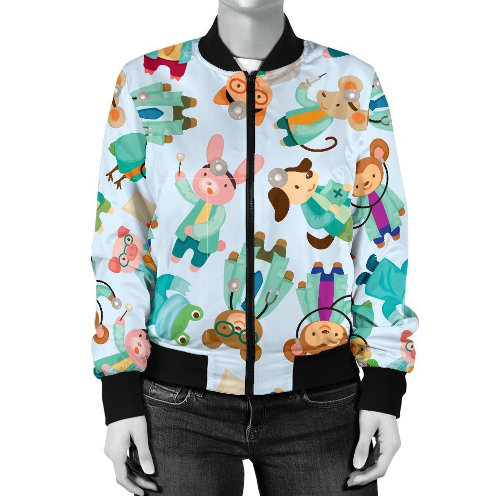 Animal Nurse Pattern Print Women Casual Bomber Jacket-grizzshop